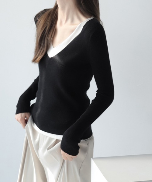 Miniministore（ミニミニストア）の「ニットトップス レイヤード風 Vネック服（ニット/セーター・レディース・ブラック/ベージュ/グレー・FREE）」の11枚目の写真