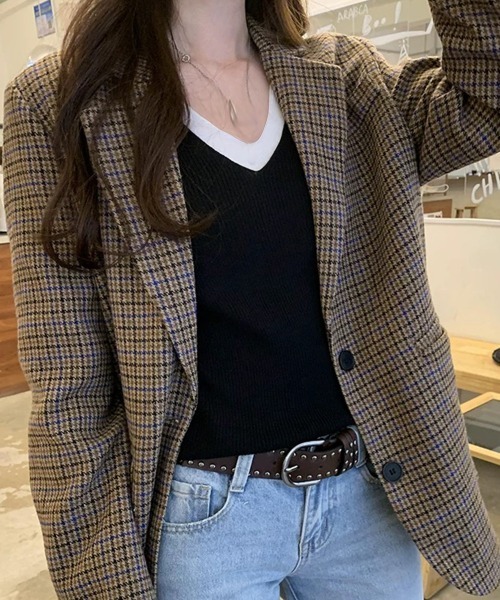 Miniministore（ミニミニストア）の「ニットトップス レイヤード風 Vネック服（ニット/セーター・レディース・ブラック/ベージュ/グレー・FREE）」の4枚目の写真