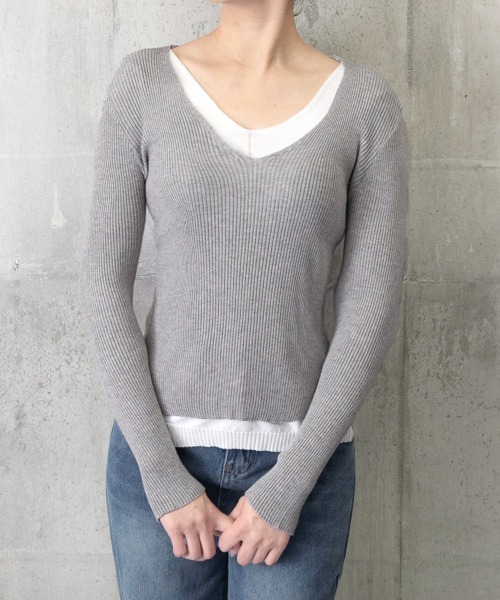 Miniministore（ミニミニストア）の「ニットトップス レイヤード風 Vネック服（ニット/セーター・レディース・ブラック/ベージュ/グレー・FREE）」の20枚目の写真