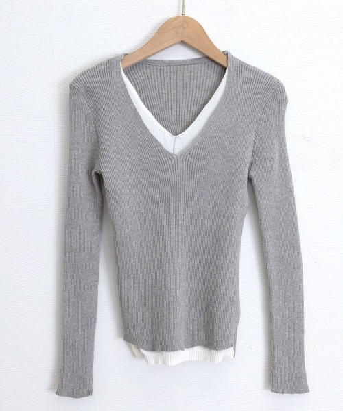 Miniministore（ミニミニストア）の「ニットトップス レイヤード風 Vネック服（ニット/セーター・レディース・ブラック/ベージュ/グレー・FREE）」の16枚目の写真