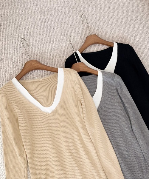 Miniministore（ミニミニストア）の「ニットトップス レイヤード風 Vネック服（ニット/セーター・レディース・ブラック/ベージュ/グレー・FREE）」の18枚目の写真