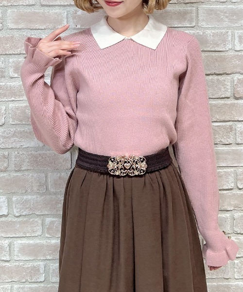 axes femme POETIQUE(アクシーズファムポエティック)の「ブローチ付バイカラー襟ニット(ニット/セーター・レディース・ダークブラウン/ピンク/ブラック・MEDIUM)」の10枚目の写真