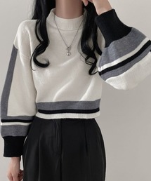 配色クルーネックニット ショート丈