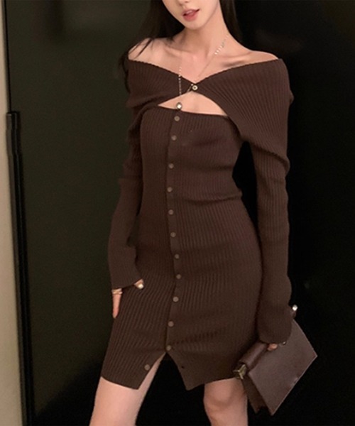 セール】オフショルダー長袖ニットワンピース（ワンピース）｜Songe