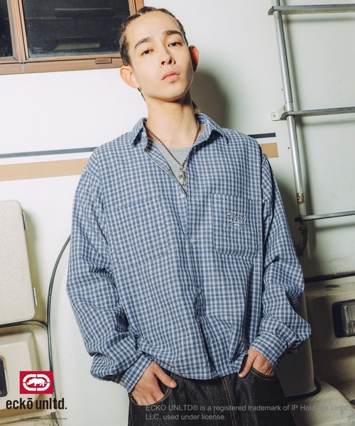 ecko unltd.(エコーアンリミテッド)の「ECKO UNLTD./別注ワンポイントワッシャーチェック長袖シャツ(シャツ/ブラウス・メンズ・ブラック/ライトブルー/ホワイト・S/M/L/XL)」の3枚目の写真