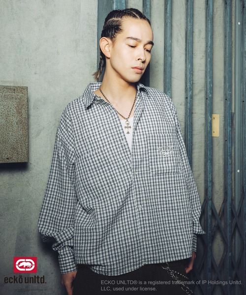 ecko unltd.(エコーアンリミテッド)の「ECKO UNLTD./別注ワンポイントワッシャーチェック長袖シャツ(シャツ/ブラウス・メンズ・ブラック/ライトブルー/ホワイト・S/M/L/XL)」の4枚目の写真