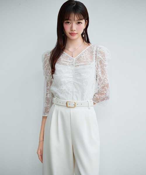 SAISON DE PAPILLON(セゾンドパピヨン)の「レーディス トップス 2点セット 単品使え レース Vネック 通勤 透け感 薄手 シアートップス(シャツ/ブラウス・レディース・ブラック/アイボリー・L/M/S)」の5枚目の写真
