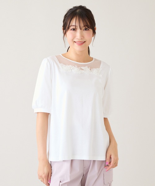 Rose Tiara(ローズティアラ)の「【大人気シリーズ】【接触冷感/綿100%】ドットチュールフラワーカットソー(Tシャツ/カットソー・レディース・オフホワイト/ブラック/ピンク・42/38/46)」の5枚目の写真