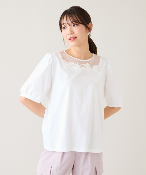 Rose Tiara(ローズティアラ)の「【大人気シリーズ】【接触冷感/綿100%】ドットチュールフラワーカットソー(Tシャツ/カットソー・レディース・オフホワイト/ブラック/ピンク・42/38/46)」の7枚目の写真