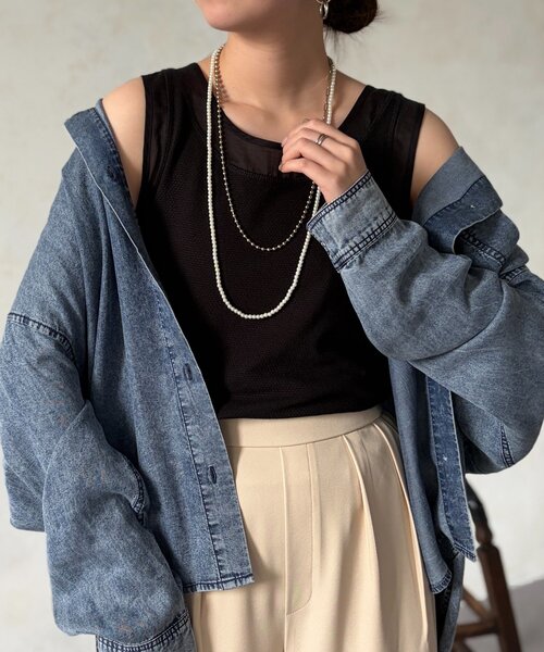 Chez toi(シェトワ)の「ラッセル編2WAYシアー切替タンク(キャミソール・レディース・オフホワイト/アイボリー/チャコールグレー/ブラック・FREE)」の12枚目の写真