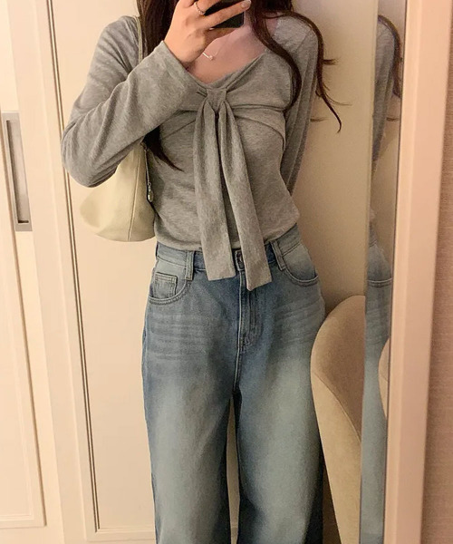 VIVID LADY(ビビッドレディー)の「フロントリボンデザイン ロンT トップス(Tシャツ/カットソー・レディース・アイボリー/グレー/ブラック・FREE)」の22枚目の写真