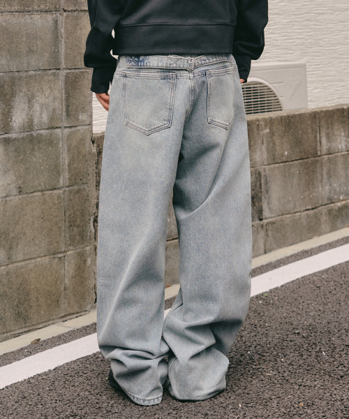 希少デザイン✨SURPLUS ダブルニーペインターデニムパンツ シンチバック セール】シンチバックウォッシュドオーバーカーブデニムパンツ