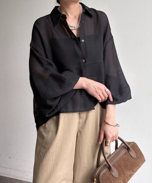 DouDou（ドゥドゥ）の「メッシュシャツ（シャツ/ブラウス・レディース・ベージュ/オフホワイト/チャコールグレー・FREE）」の13枚目の写真