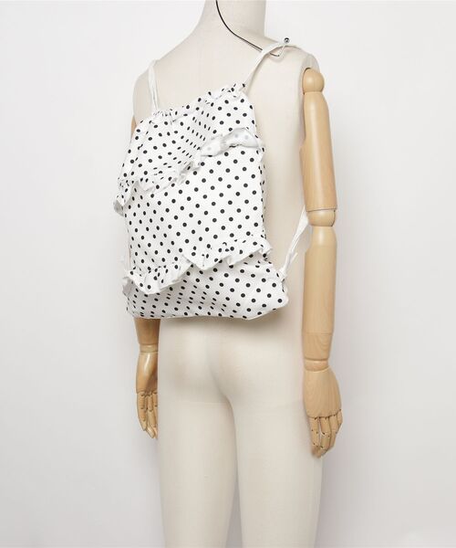 FREE STYLISTS(フリー スタイリスト)の「【大人ガーリー★Y2K】ドット柄 ティアードフリル ナップザック 巾着リュック 2WAY バックパック(ショルダーバッグ・レディース・ホワイト/ブラック・FREE)」の3枚目の写真