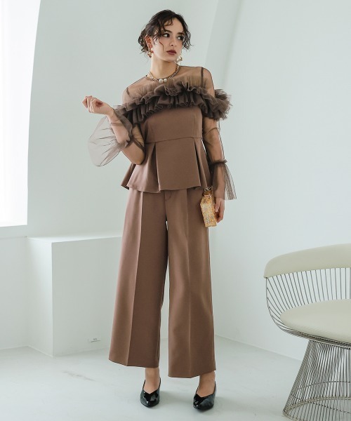 Callarus(カラルス)の「4WAYチュールフリルデザインブラウスパンツセットアップドレス〔Callarus〕(パンツドレス・レディース・ブラック/ブラウン/チャコール・M/L/LL)」の14枚目の写真