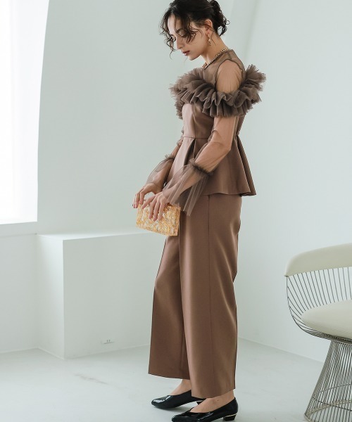 Callarus(カラルス)の「4WAYチュールフリルデザインブラウスパンツセットアップドレス〔Callarus〕(パンツドレス・レディース・ブラック/ブラウン/チャコール・M/L/LL)」の17枚目の写真