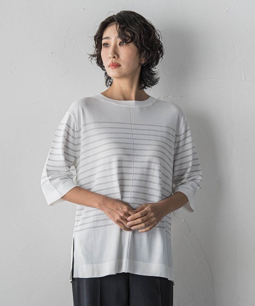 la.f…(ラエフ)の「ボーダーTシャツニット(ニット/セーター・レディース・グレー系その他/アイボリー系/ダークネイビー・9号)」の4枚目の写真