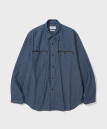 LEATHER TRIM LINEN BLEND SHIRT (BLUE)