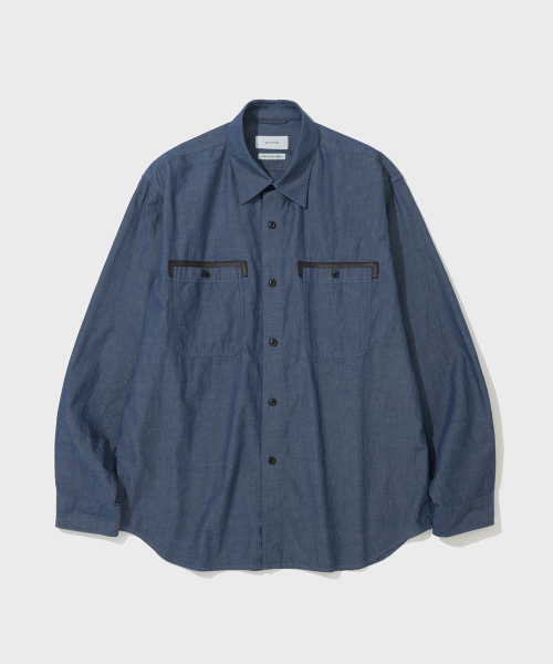 SHIRTER(シャーター)の「LEATHER TRIM LINEN BLEND SHIRT (BLUE)(シャツ/ブラウス・メンズ・その他・SMALL/LARGE/MEDIUM)」の1枚目の写真
