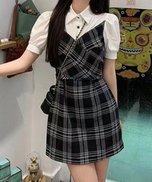 【2026春夏新作】チェック柄襟付きシャツドッキングクロスミニワンピース
