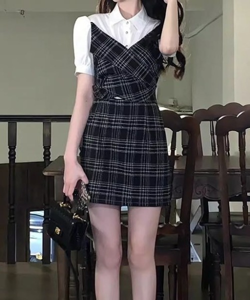 Mejoul(メジュール)の「【2026春夏新作】チェック柄襟付きシャツドッキングクロスミニワンピース(ワンピース・レディース・ブラック・F)」の8枚目の写真