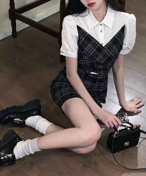 Mejoul(メジュール)の「【2026春夏新作】チェック柄襟付きシャツドッキングクロスミニワンピース(ワンピース・レディース・ブラック・F)」の11枚目の写真