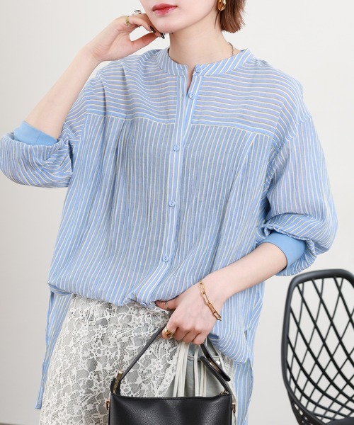 EGLANTINE（エグランティーヌ）の「EGLANTINE 袖リブストライプブラウス長袖ロング丈（シャツ/ブラウス・レディース・シルバーグレー/サックスブルー・40）」の11枚目の写真