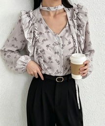フリル花柄シャツブラウス リボンタイ付き