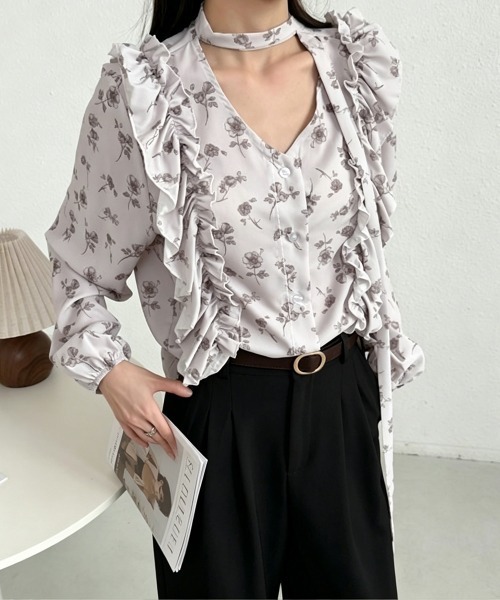 Miniministore(ミニミニストア)の「フリル花柄シャツブラウス リボンタイ付き(シャツ/ブラウス・レディース・グレイッシュベージュ/ライトブルー・FREE)」の11枚目の写真