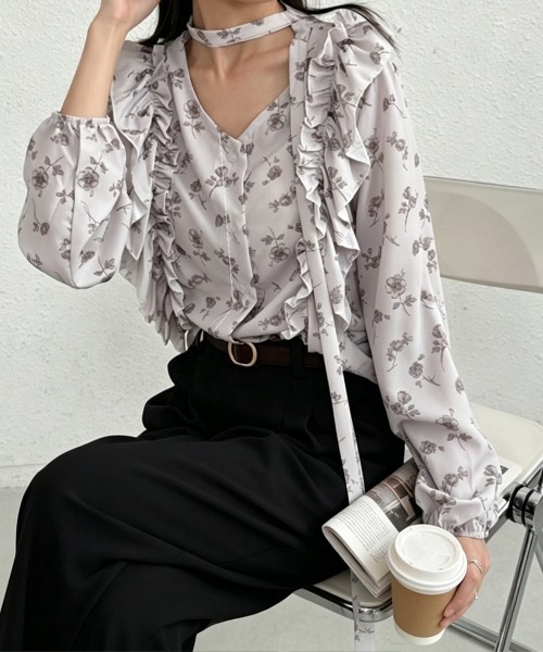 Miniministore(ミニミニストア)の「フリル花柄シャツブラウス リボンタイ付き(シャツ/ブラウス・レディース・グレイッシュベージュ/ライトブルー・FREE)」の12枚目の写真