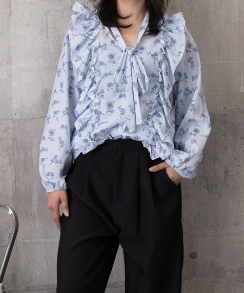 Miniministore(ミニミニストア)の「フリル花柄シャツブラウス リボンタイ付き(シャツ/ブラウス・レディース・グレイッシュベージュ/ライトブルー・FREE)」の14枚目の写真