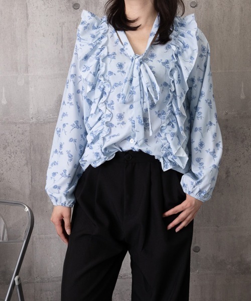 Miniministore(ミニミニストア)の「フリル花柄シャツブラウス リボンタイ付き(シャツ/ブラウス・レディース・グレイッシュベージュ/ライトブルー・FREE)」の17枚目の写真