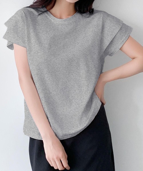 LOWO(ロワ)の「【綿100%使用】フレンチスリーブ無地Tシャツ(レイヤード・インナー対応)(Tシャツ/カットソー・レディース・イエロー/モカ/ブルー/グレー/ホワイト/ブラック・FREE)」の4枚目の写真