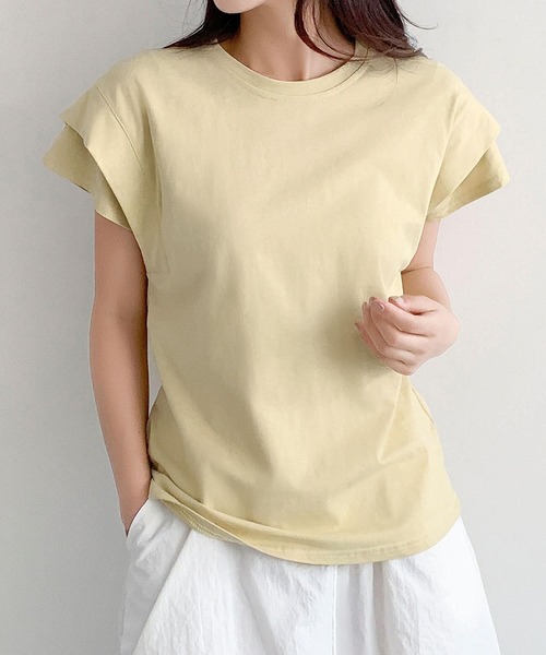 LOWO(ロワ)の「【綿100%使用】フレンチスリーブ無地Tシャツ(レイヤード・インナー対応)(Tシャツ/カットソー・レディース・イエロー/モカ/ブルー/グレー/ホワイト/ブラック・FREE)」の1枚目の写真
