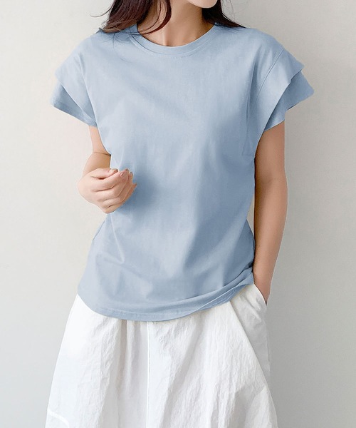 LOWO(ロワ)の「【綿100%使用】フレンチスリーブ無地Tシャツ(レイヤード・インナー対応)(Tシャツ/カットソー・レディース・イエロー/モカ/ブルー/グレー/ホワイト/ブラック・FREE)」の6枚目の写真
