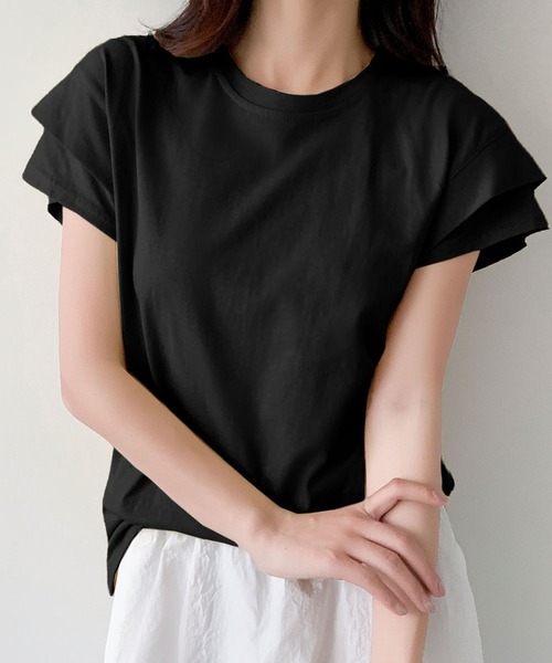 LOWO(ロワ)の「【綿100%使用】フレンチスリーブ無地Tシャツ(レイヤード・インナー対応)(Tシャツ/カットソー・レディース・イエロー/モカ/ブルー/グレー/ホワイト/ブラック・FREE)」の3枚目の写真