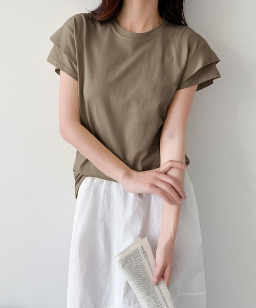 LOWO(ロワ)の「【綿100%使用】フレンチスリーブ無地Tシャツ(レイヤード・インナー対応)(Tシャツ/カットソー・レディース・イエロー/モカ/ブルー/グレー/ホワイト/ブラック・FREE)」の5枚目の写真