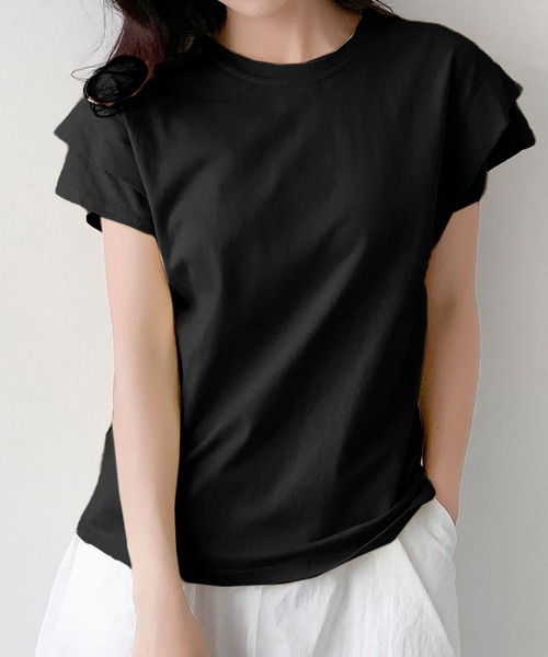 LOWO(ロワ)の「【綿100%使用】フレンチスリーブ無地Tシャツ(レイヤード・インナー対応)(Tシャツ/カットソー・レディース・イエロー/モカ/ブルー/グレー/ホワイト/ブラック・FREE)」の10枚目の写真