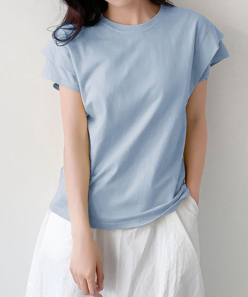 LOWO(ロワ)の「【綿100%使用】フレンチスリーブ無地Tシャツ(レイヤード・インナー対応)(Tシャツ/カットソー・レディース・イエロー/モカ/ブルー/グレー/ホワイト/ブラック・FREE)」の13枚目の写真