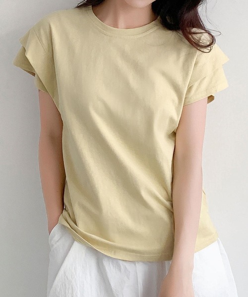 LOWO(ロワ)の「【綿100%使用】フレンチスリーブ無地Tシャツ(レイヤード・インナー対応)(Tシャツ/カットソー・レディース・イエロー/モカ/ブルー/グレー/ホワイト/ブラック・FREE)」の18枚目の写真