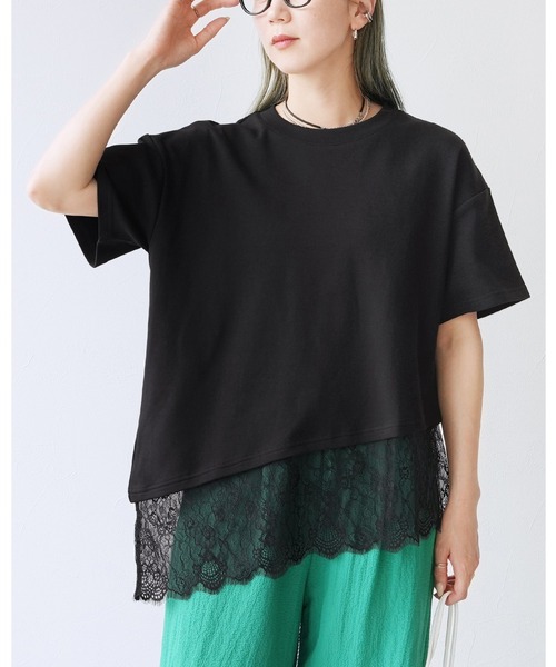 reca(レカ)の「裾レースアシメTシャツ(Tシャツ/カットソー・レディース・ブラック/オフホワイト・FREE)」の2枚目の写真