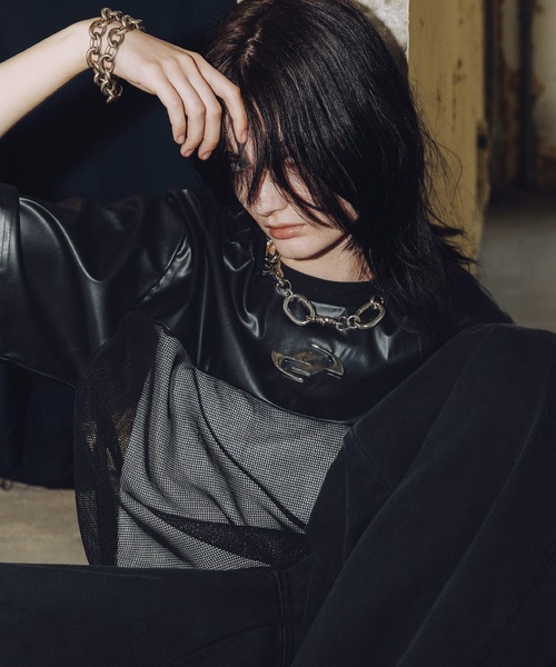 ERAR（エラー）の「【ERAR】レザーメッシュ切り替えメタルパーツTシャツ（Tシャツ/カットソー・メンズ・ブラック・XL/L/M/S）」の7枚目の写真