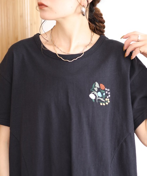 Emago（イマゴ）の「EMAGO 花刺繍ﾌﾚｱT 半袖（Tシャツ/カットソー・レディース・ブラック/ピンク/アイボリー・FREE）」の11枚目の写真