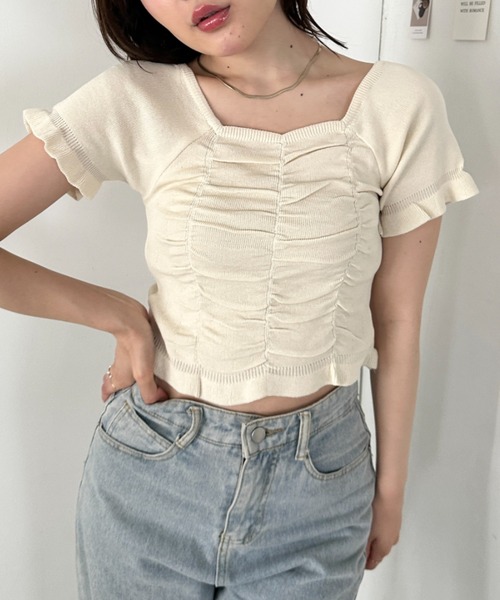 CLEA(クレア)の「半袖シャーリングフリルトップス(Tシャツ/カットソー・レディース・ホワイト/ピンク/ブラック/アイボリー・FREE)」の3枚目の写真