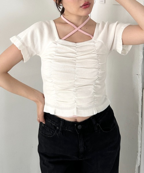 CLEA(クレア)の「半袖シャーリングフリルトップス(Tシャツ/カットソー・レディース・ホワイト/ピンク/ブラック/アイボリー・FREE)」の5枚目の写真