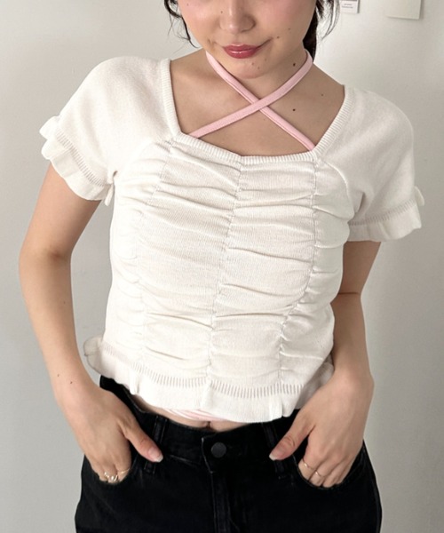 CLEA(クレア)の「半袖シャーリングフリルトップス(Tシャツ/カットソー・レディース・ホワイト/ピンク/ブラック/アイボリー・FREE)」の6枚目の写真