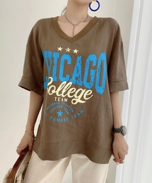 カレッジロゴVネックオーバーTシャツ レディース ゆるシルエットトップス