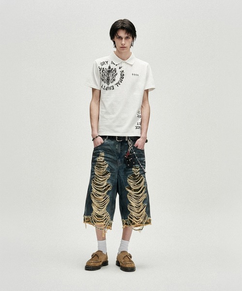 NOT4NERD(ノットフォーナード)の「NOT4NERD/ノットフォーナード/Camo Layered Distressed Bermuda Denim Pants(デニムパンツ・メンズ・ベージュ/ブルー・M/XL/L)」の2枚目の写真
