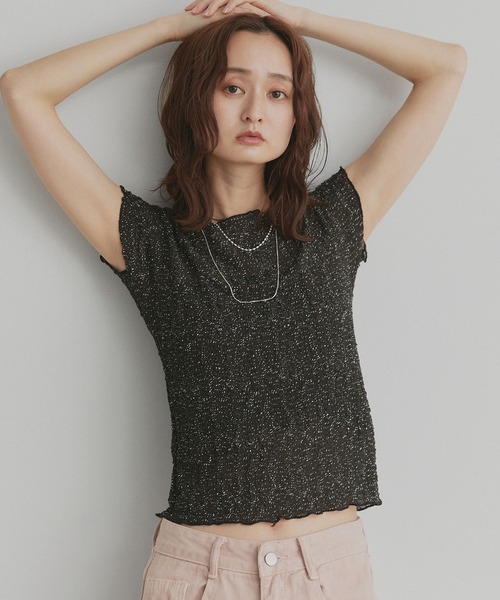 ad thie(アドティエ)の「フレンチスリーブ ポップコーン シアー トップス(Tシャツ/カットソー・レディース・オフホワイト/ブラック・FREE)」の1枚目の写真