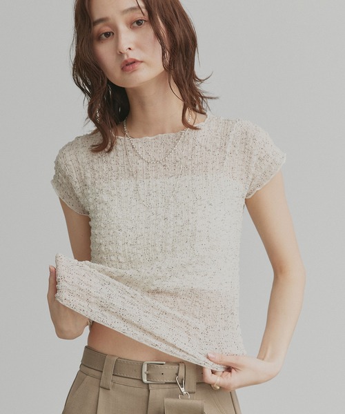 ad thie(アドティエ)の「フレンチスリーブ ポップコーン シアー トップス(Tシャツ/カットソー・レディース・オフホワイト/ブラック・FREE)」の9枚目の写真